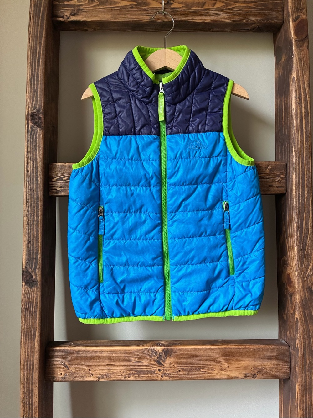 L.L.Bean | Quilted Puffer Vest | Blue & Lime Green| Kids Sz L6X/7 | Outdoor